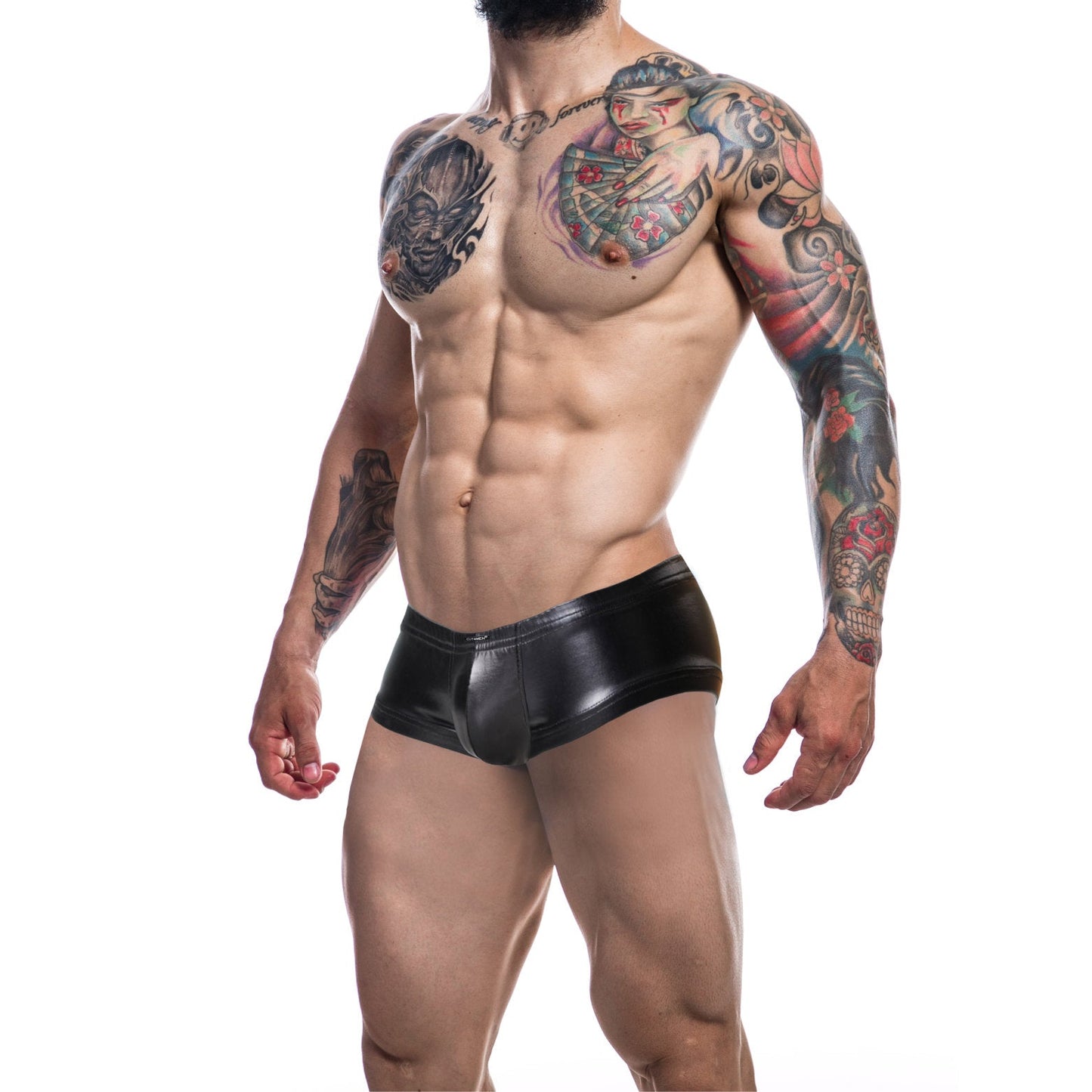 C4M Booty Shorts Black Leatherette Extra Large | Front View | "mens leatherette shorts xl - front view"