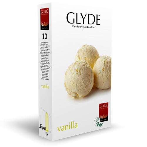 Glyde-Ultra-Vanilla-Flavour-Vegan-Condoms-10-Pack|Front View|"vanilla flavored vegan condoms - front view"