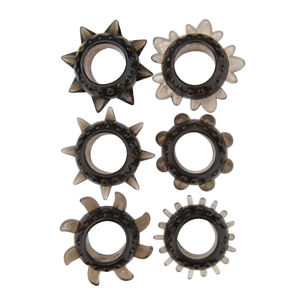 Loving Joy Textured Cock Ring Set (6 Pack)|Front View|"silicone cock ring set - front view"