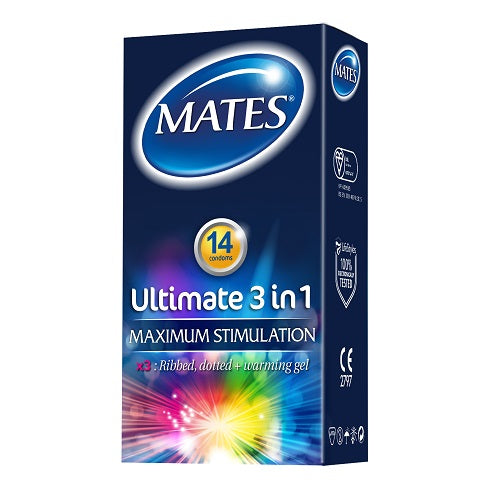 Mates Ultimate 3 in 1 Condoms 14 Pack | Main View | "3 in 1 condom pack - main view"
