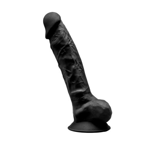 SilexD-9-Inch-Realistic-Silicone-Dual-Density-Dildo-With-Suction-Cup-With-Balls-Black|Front View|"realistic dildo with balls in black - front view"