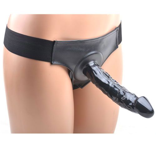 Black Hollow Strap On With Harness|Side View|"harness detail - side view"