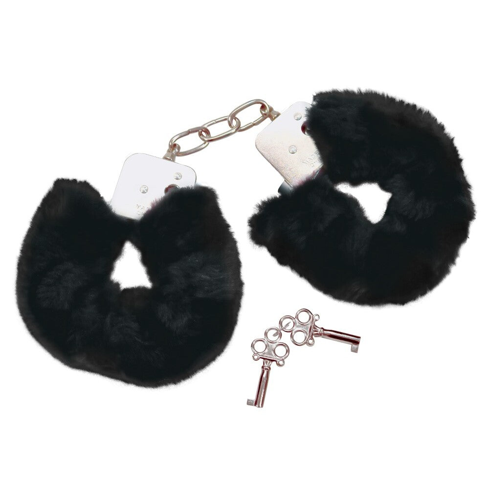 Bad Kitty Black Plush Handcuffs|Front View|"plush cuffs-front view"|