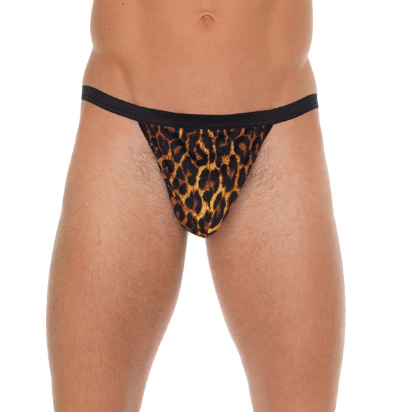 Mens Black GString With Leopard Print Pouch|Front View|"leopard design-front view"|