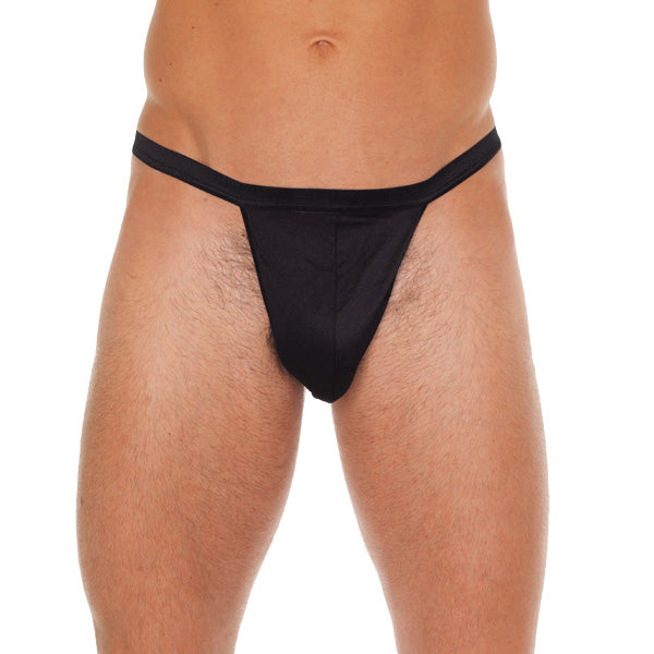 Mens Black Straight GString With Black Pouch|Front View|"straight design-front view"|