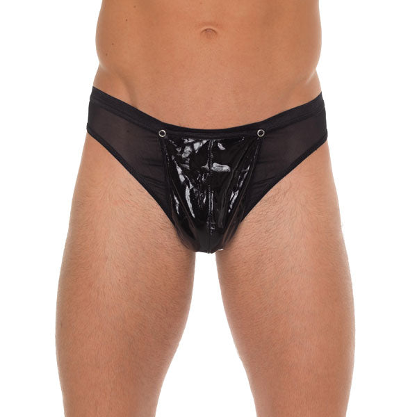 Mens Black GString With PVC Pouch|Front View|"pvc design-front view"|
