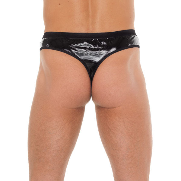 Mens Black GString With PVC Pouch|Side View|"pouch features-side view"|