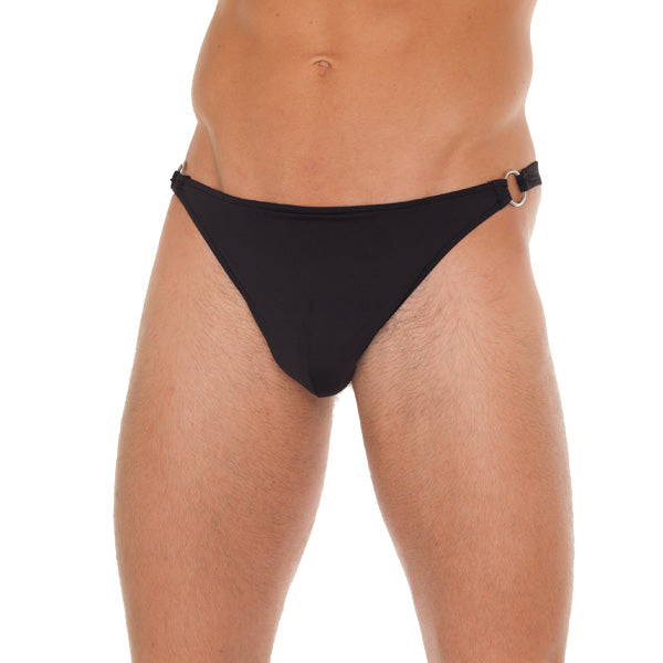 Mens Black GString With Metal Hoop Connectors|Front View|"metal design-front view"|