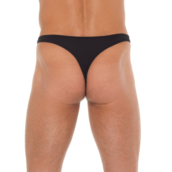 Mens Black GString With Metal Hoop Connectors|Side View|"hoop features-side view"|