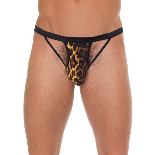 Mens Black GString With Black Straps To Animal Print Pouch|Front View|"strap design-front view"|