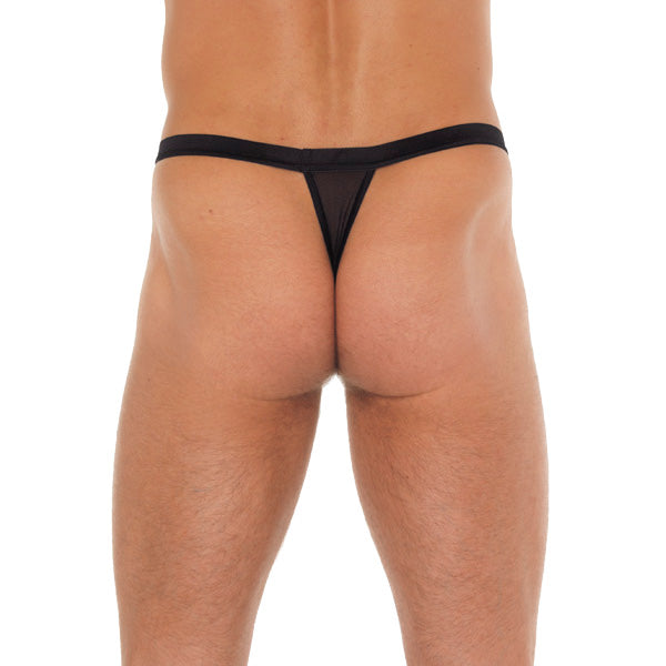 Mens Black GString With Black Straps To Animal Print Pouch|Side View|"pouch features-side view"|