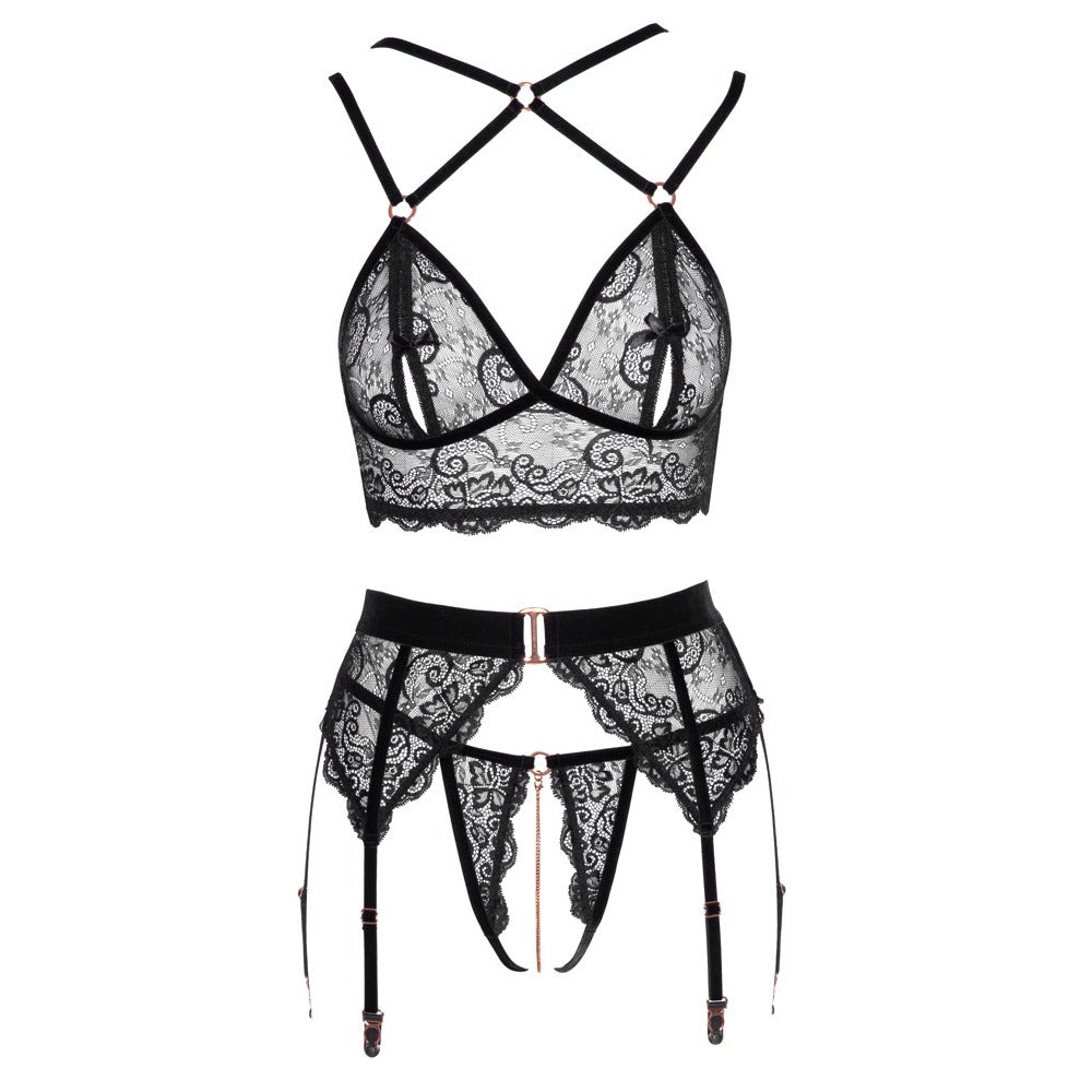 Abierta Fina Lacey Open Suspender Set|Back View|"lace suspender set - back view"