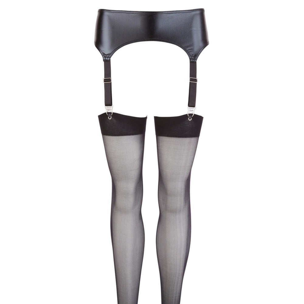 NOXQSE Wet Look Suspender Belt And Stockings|Back View|"wetlook suspender set - back view"