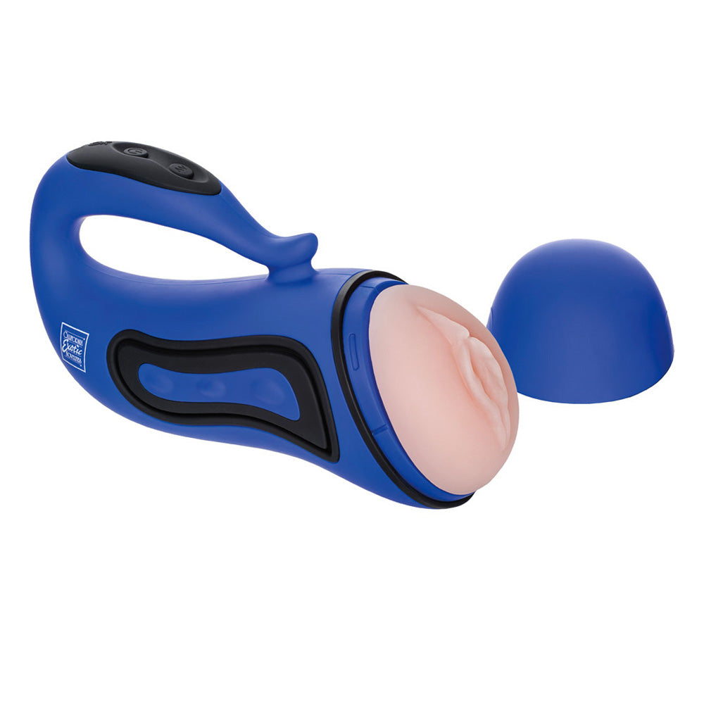 Apollo Alpha Stroker 2 Rechargeable Blue Masturbator|Front View|"alpha design - front view"