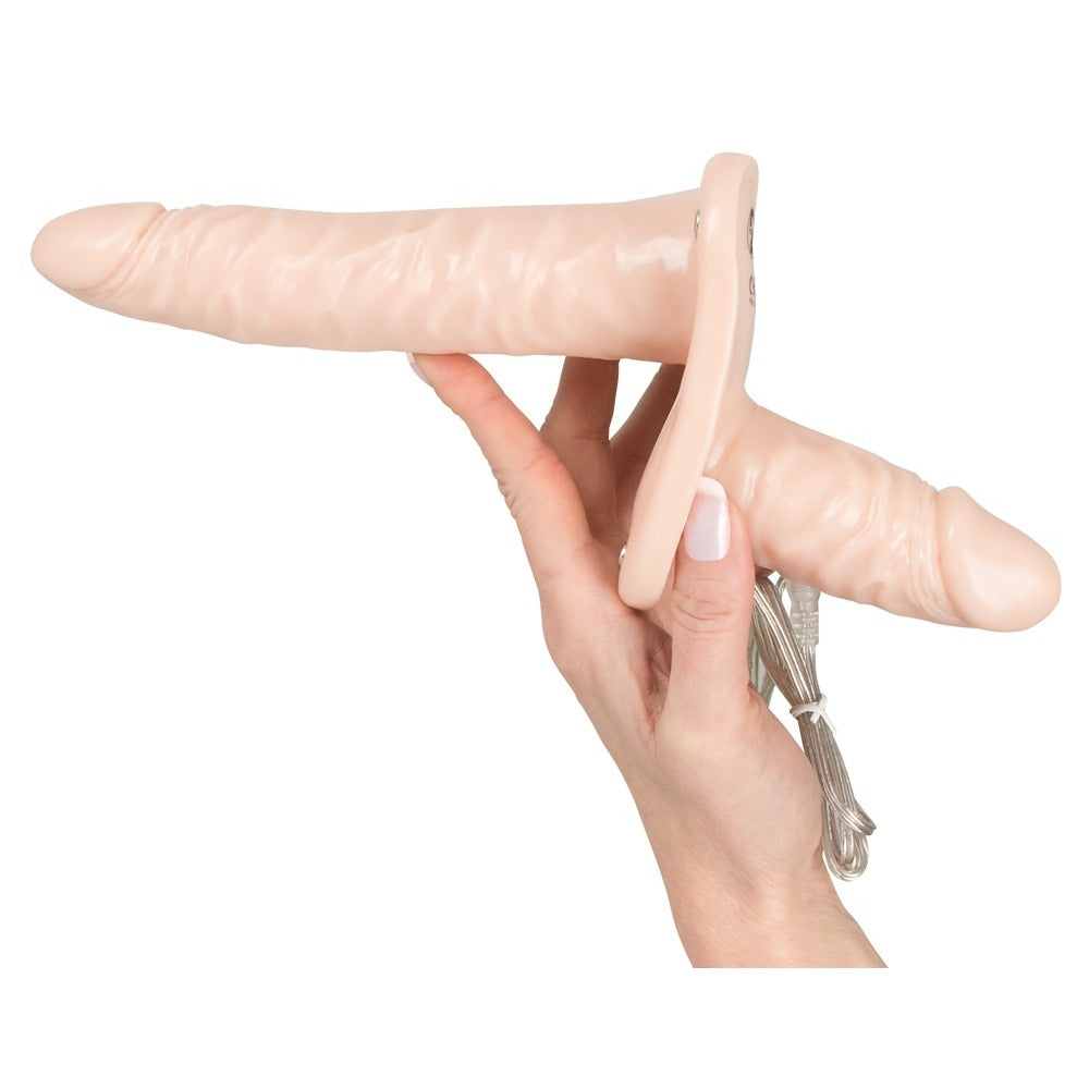 Vibrating Flesh Strap On Duo Vibrating Dongs|Side View|"duo detail - side view"