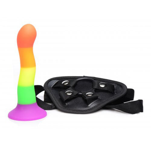 XR Proud Rainbow Silicone Dildo with Harness|Side View|"silicone texture - side view"