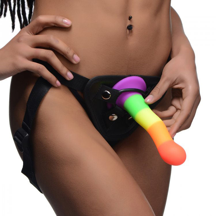 XR Proud Rainbow Silicone Dildo with Harness|Back View|"quality build - back view"