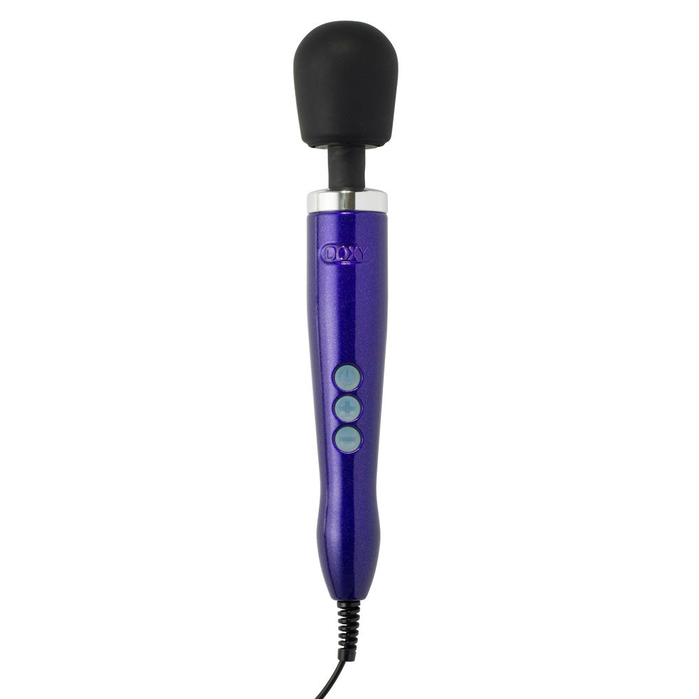 Doxy Die Cast Wand Massager PURPLE UK Plug | Angle | "premium purple wand massager head - angle view"