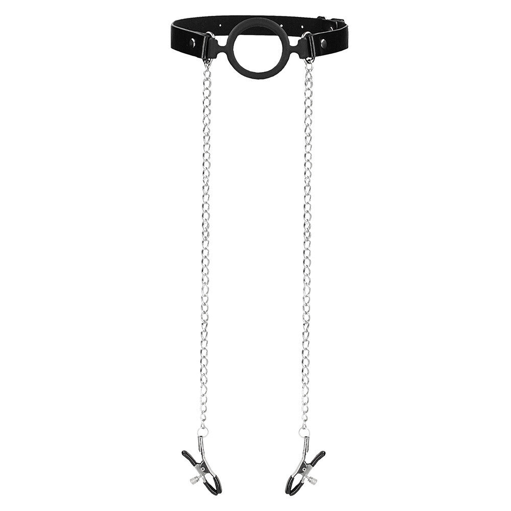 Ouch O Ring Gag With Nipple Clamps|Front View|"premium bondage o-ring gag with adjustable nipple clamps black metal bdsm-front view adult toys direct"|