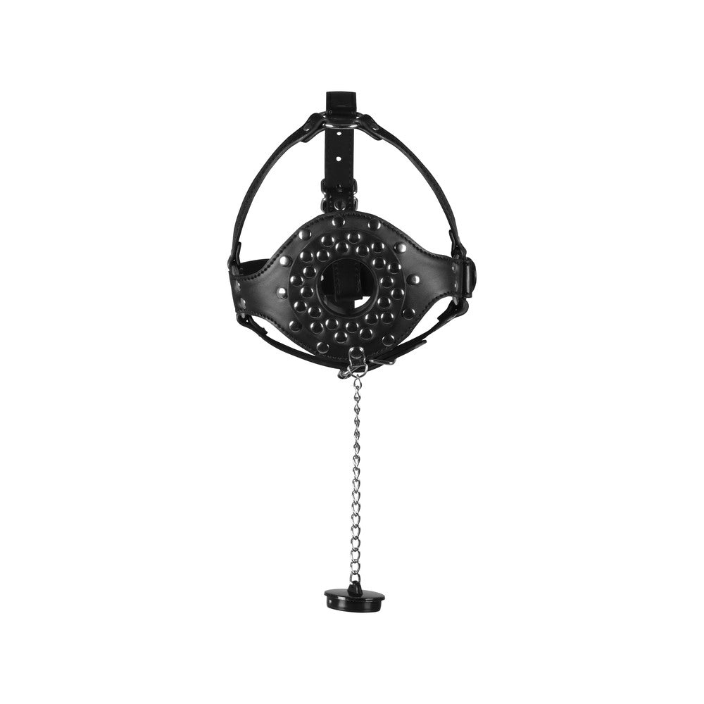 Open Mouth Gag Head Harness with Plug Stopper|Detail View|"stopper features-detail view adult toys direct"|