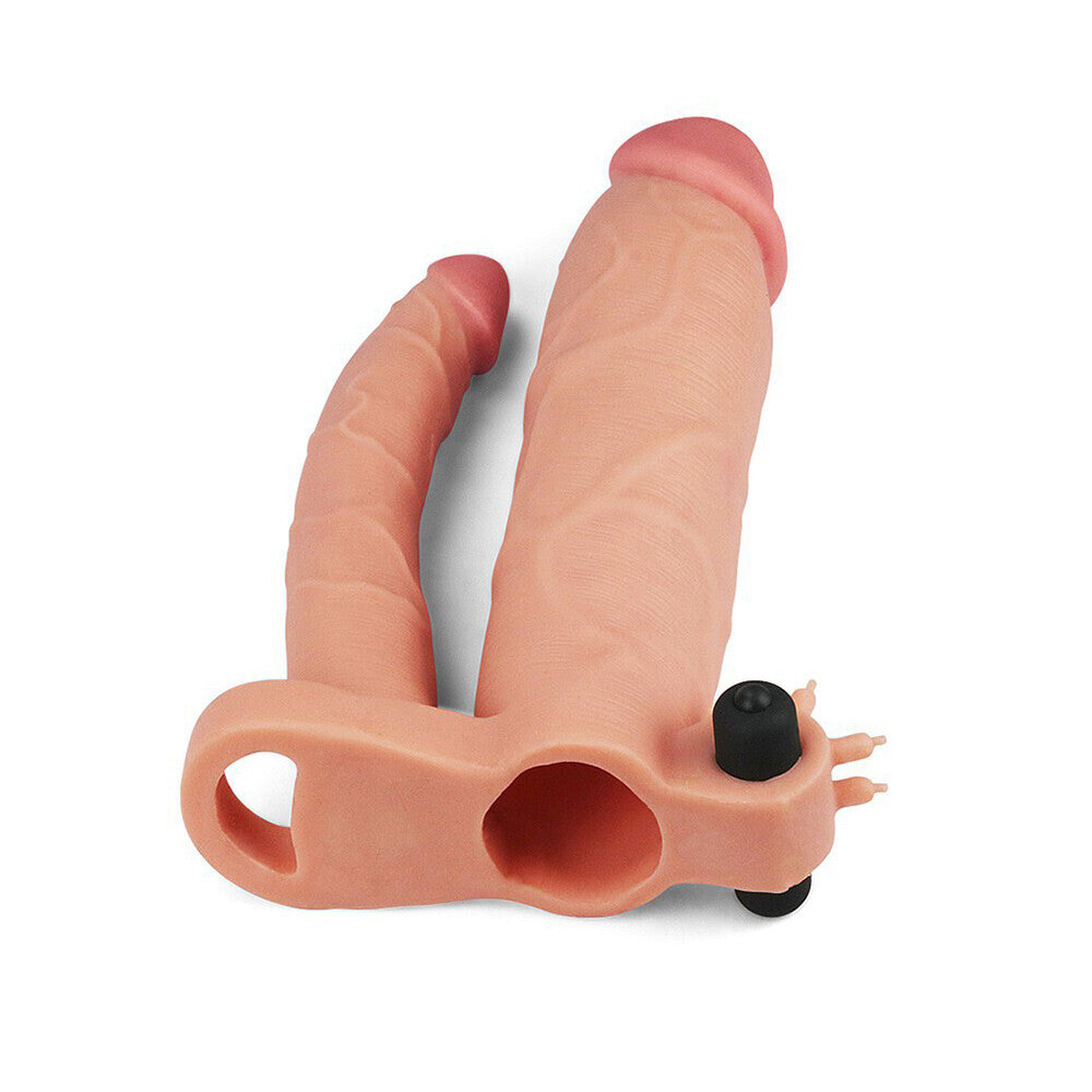 Lovetoy 3 Inch Vibrating Double Extender Flesh Pink|Side View|"vibrating detail - side view"