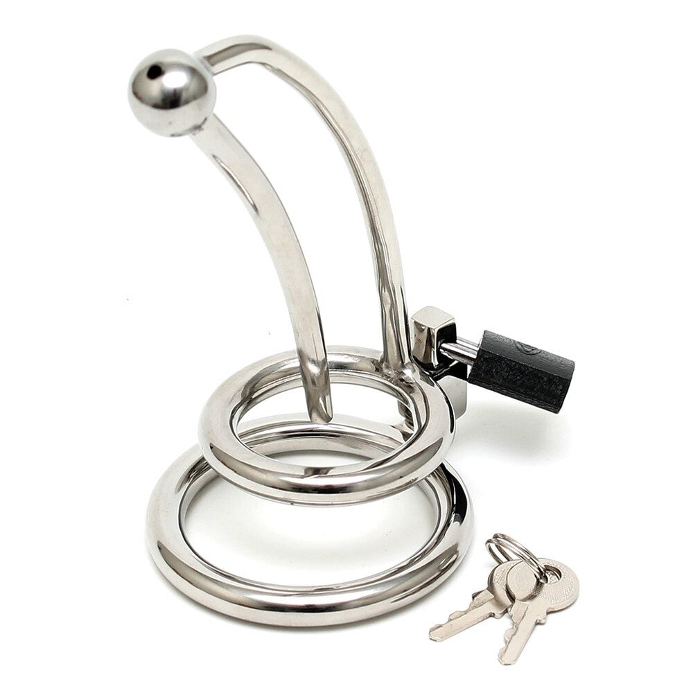 Chastity Penis Lock Curved With Urethral Tube|Side View|"premium chastity device features-side view adult toys direct"|