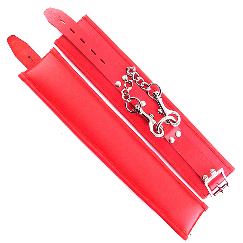 Rouge Garments Ankle Cuffs Padded Red|Front View|"padded red ankle restraints premium-front view adult toys direct"|