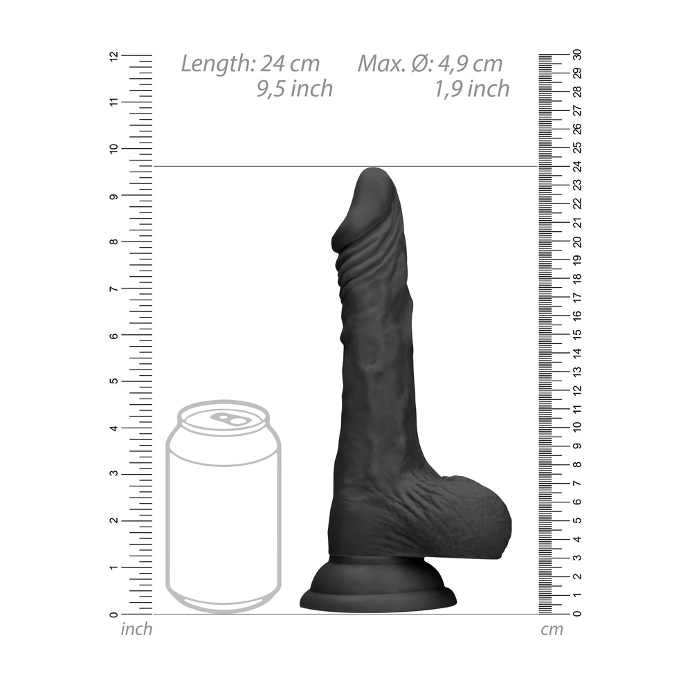 RealRock 9 Inch Dong With Testicles Black|Side View|"black detail - side view"