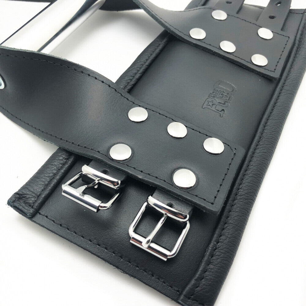 The Red Deluxe Leather Suspension Handcuffs|Detail View|"leather feature detail-detail view adult toys direct"|