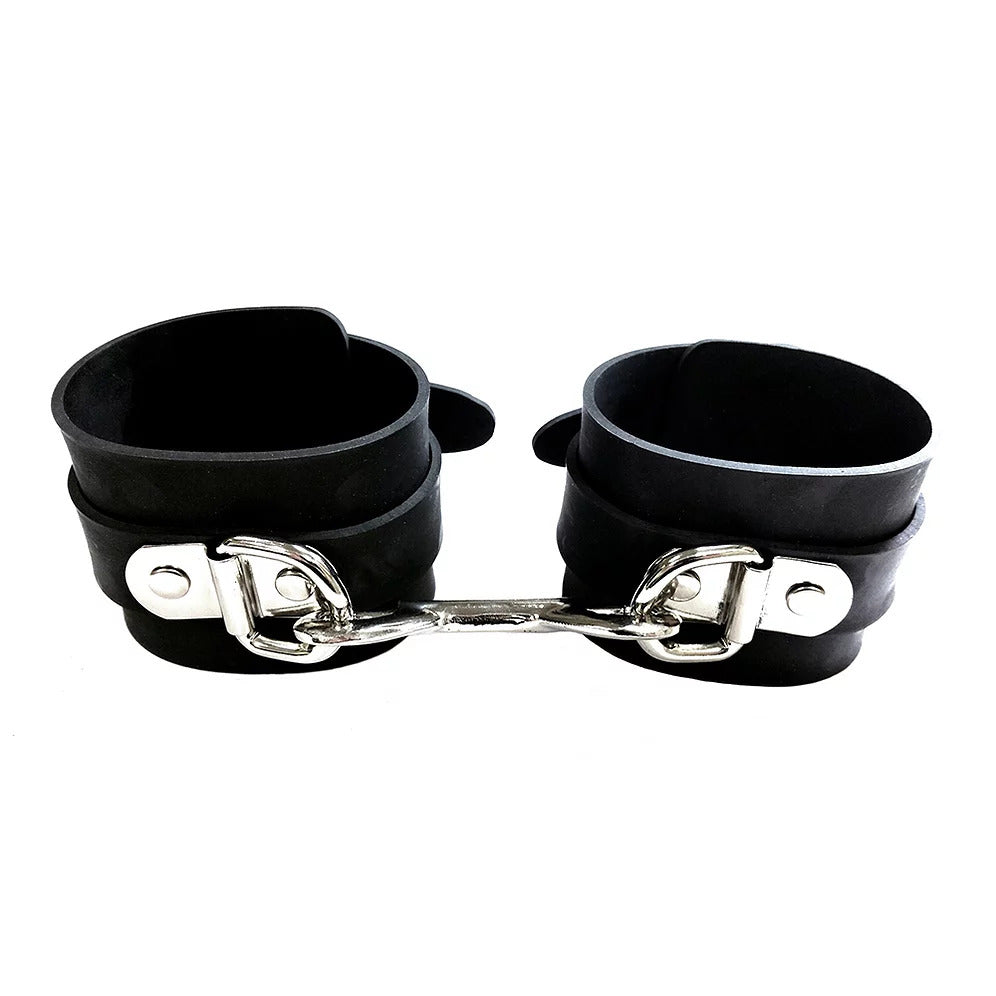 Rouge Garments Black Rubber Ankle Cuffs|Front View|"rubber ankle restraints black-front view adult toys direct"|