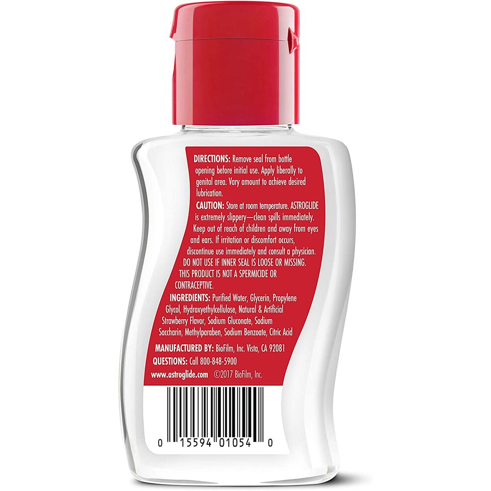 Astroglide-Strawberry-Lubricant-2-5oz|Side-View|"strawberry-lube-bottle-side-view"