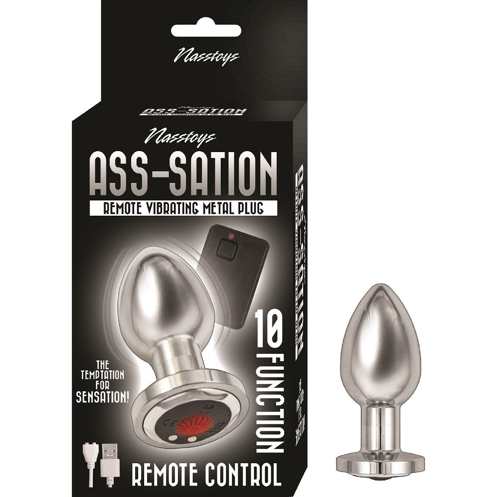Ass-Sation Remote Controlled Vibrating Metal Butt Plug Silver|Front View|"Silver remote control metal butt plug - front view"