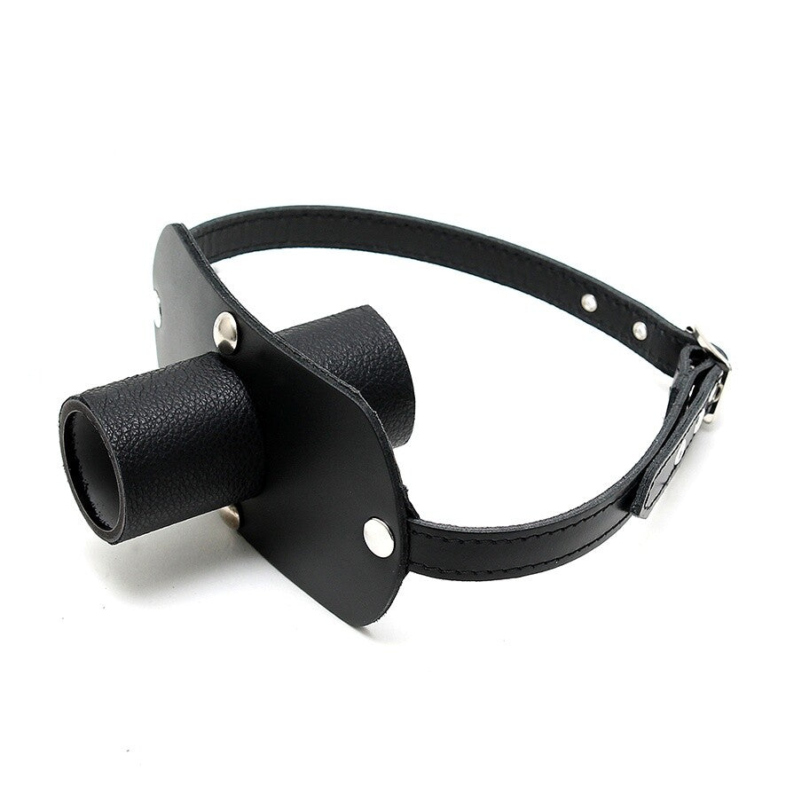 Leather Gag With Urine Tube|Front View|"tube gag-front view"|
