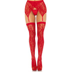 Leg Avenue Lace Stockings and Garterbelt Red|Full View|"Red lace stockings set - complete view"