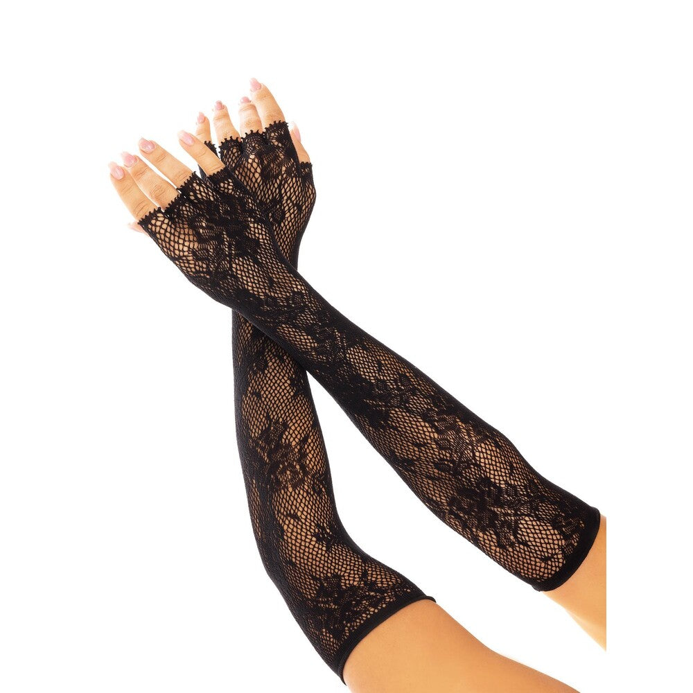 Leg Ave Floral Net Fingerless Gloves Black | Front View | "Black fingerless gloves - front view"