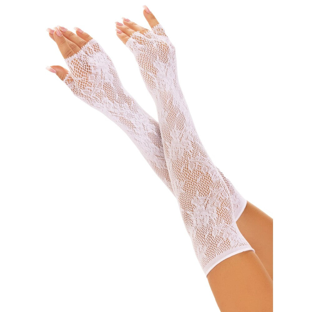 Leg Ave Floral Net Fingerless Gloves White | Front View | "White fingerless gloves - front view"