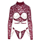 Abierta Fina Open Red Lace Body | Side View | "Red lace bodysuit - side view"