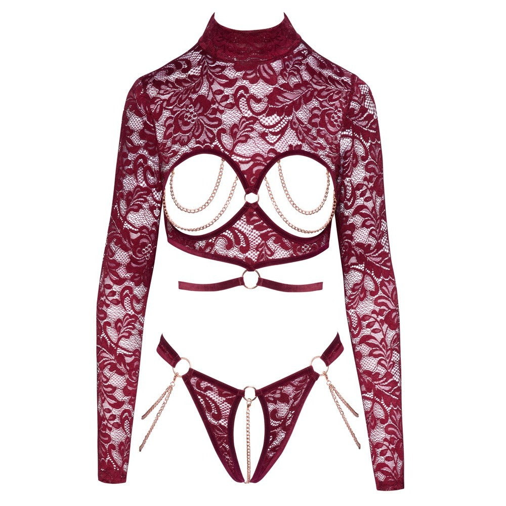 Abierta Fina Open Red Lace Body | Side View | "Red lace bodysuit - side view"