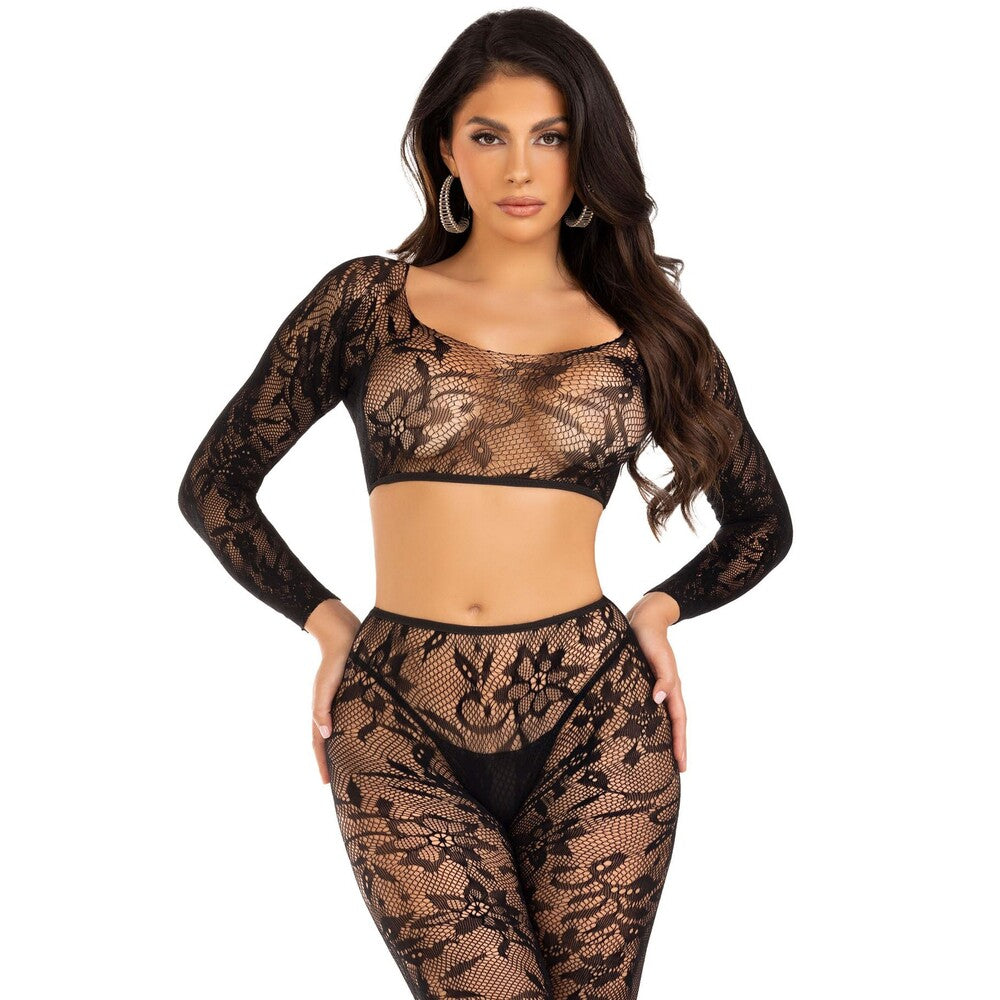 Leg Avenue Crop Top and Footless Tights UK 6 to 12 | Front View | "Crop top and tights set - front view"