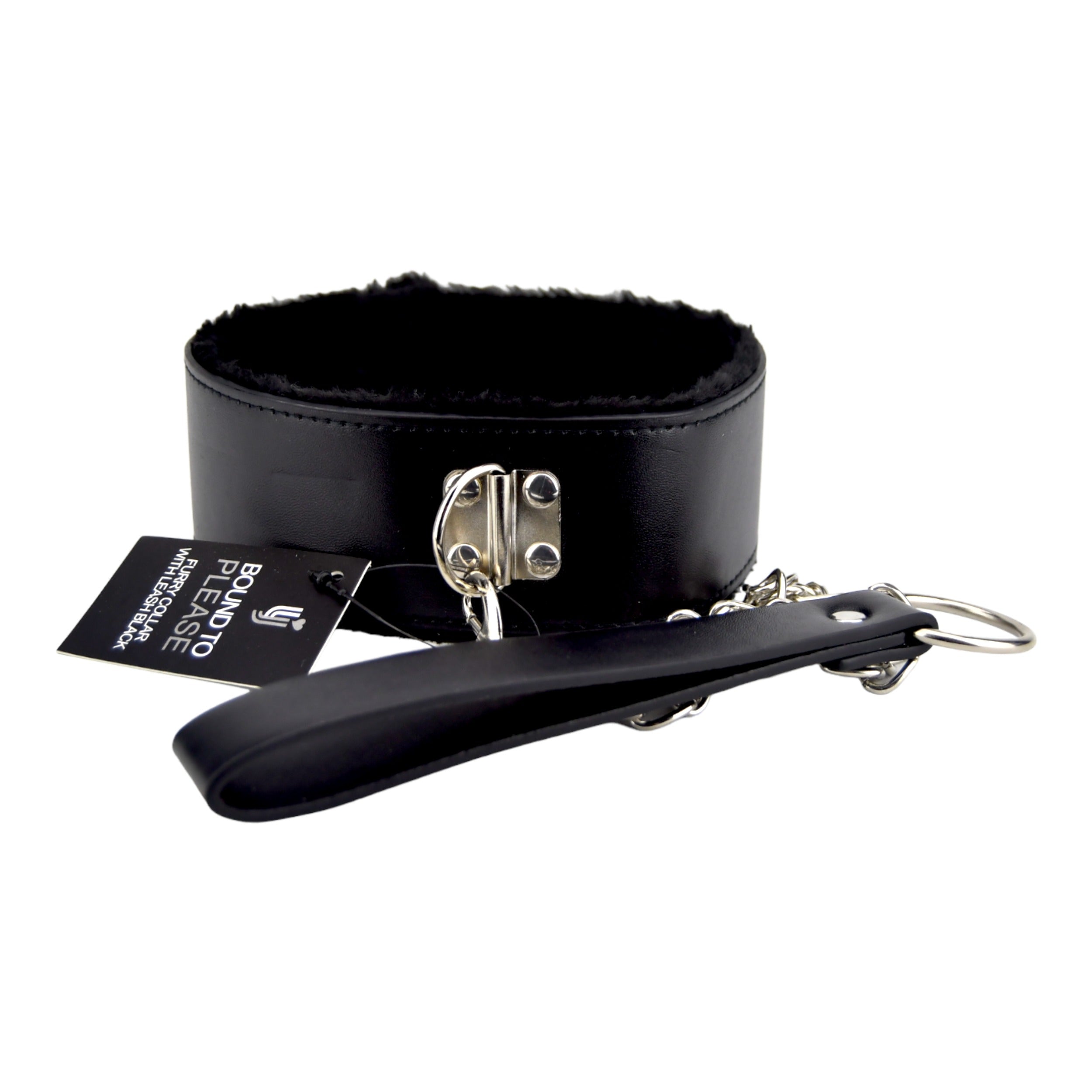 Bound to Please Furry Collar with Leash Black | Front View | "black furry collar leash - front view"