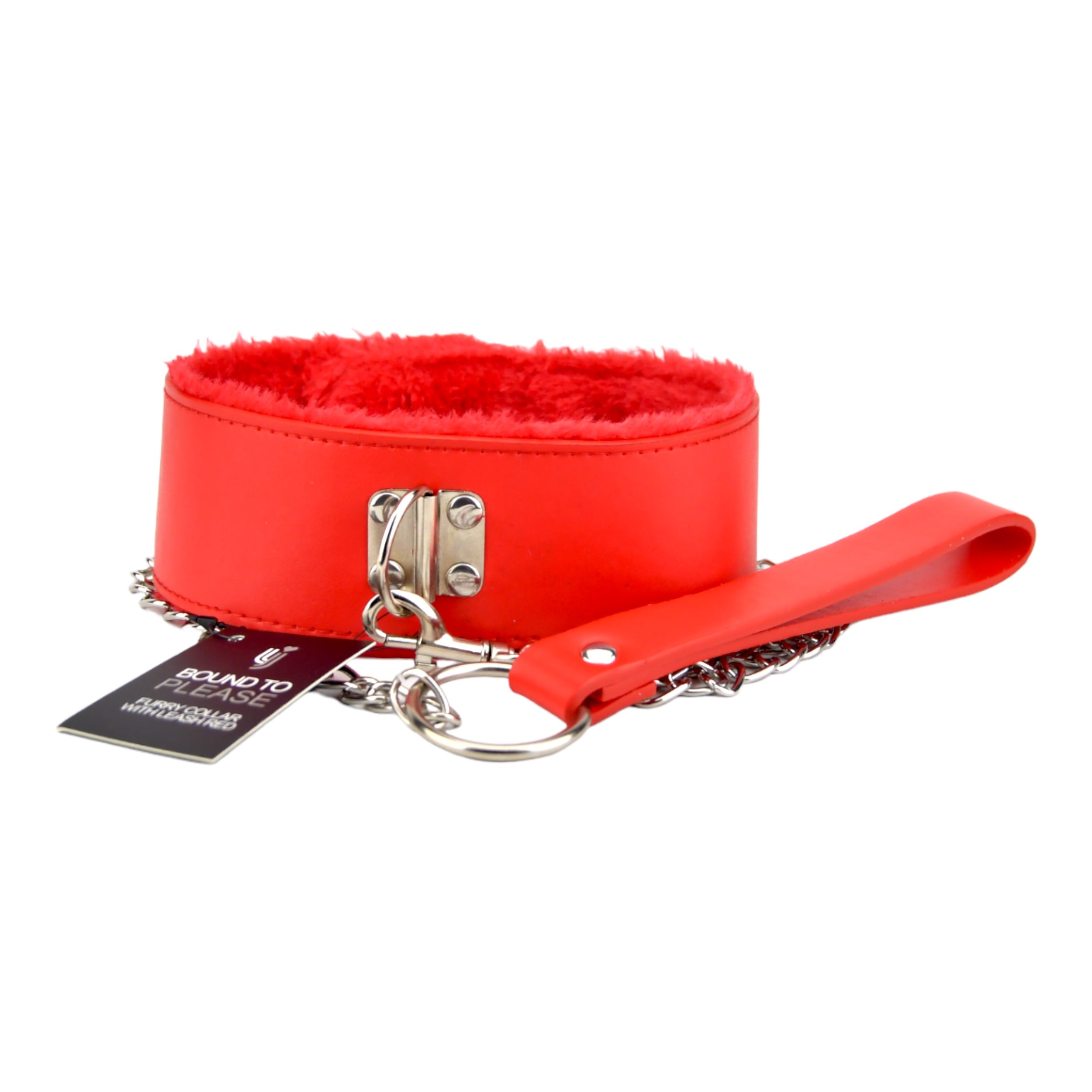 Bound to Please Furry Collar with Leash Red | Front View | "red furry collar leash - front view"