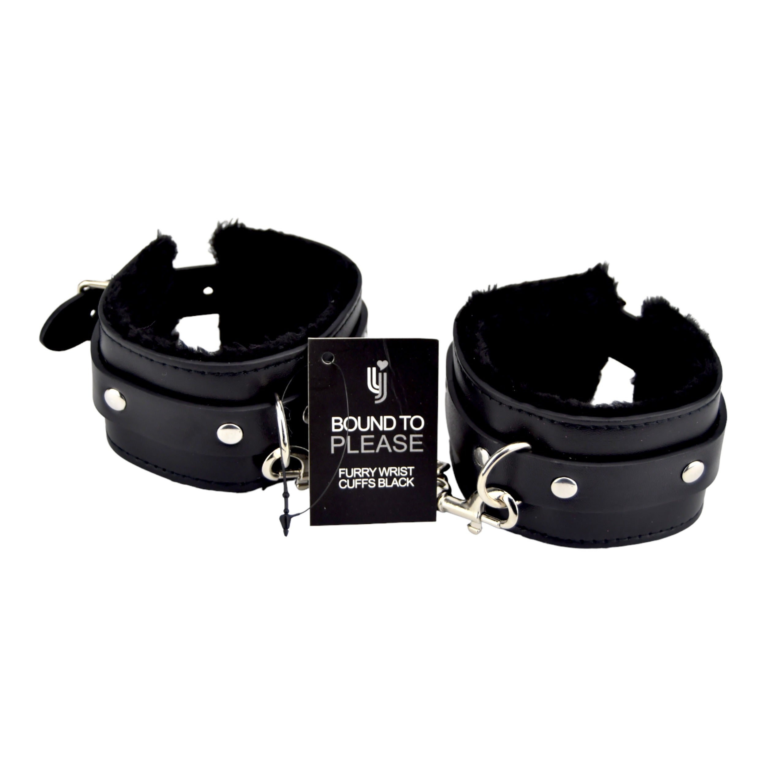 Bound to Please Furry Plush Wrist Cuffs Black | Front View | "black furry handcuffs - front view"