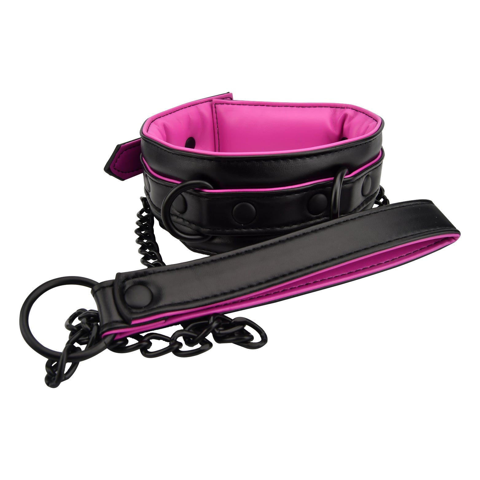 Bound-To-Please-Pink-Black-Bondage-Collar-Leash|Front|"pink and black collar with leash - front view"