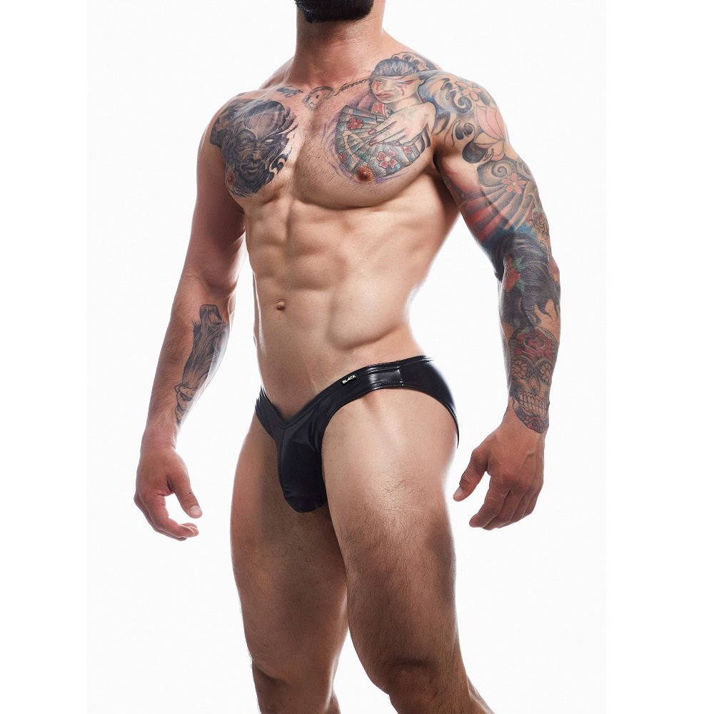 C4M Boost Black Leatherette Bikini Brief Small|Front View|"Black leatherette bikini brief small - front view"