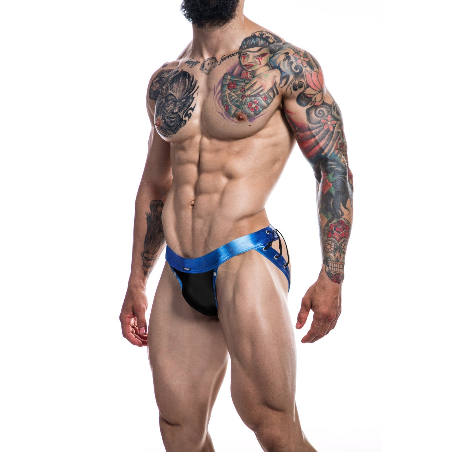 C4M Desire Jockstrap Blue Leatherette Small | Front View | "mens leatherette jockstrap small - front view"