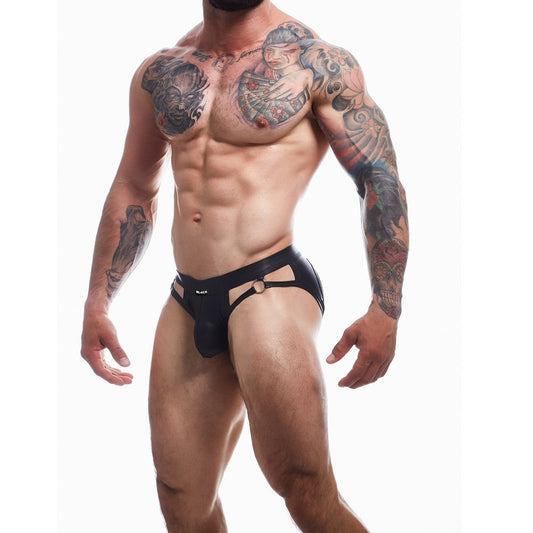 C4M Dungeon Black Leatherette Jockstrap Extra Large|Front View|"Black leatherette jockstrap extra large - front view"