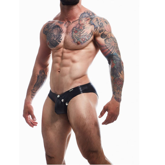 C4M Snap Ergonomic Brief Black Leatherette Large|Front View|"Black leatherette ergonomic brief large - front view"