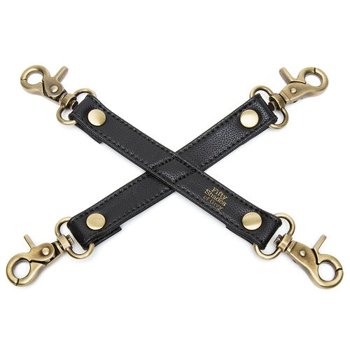 Fifty-Shades-Of-Grey-Bound-To-You-Hog-Tie|Front|"grey leather hog tie restraint with metal hardware - front view"
