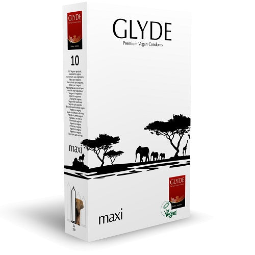Glyde-Ultra-Maxi-Vegan-Condoms-10-Pack|Front View|"maxi vegan condoms pack - front view"
