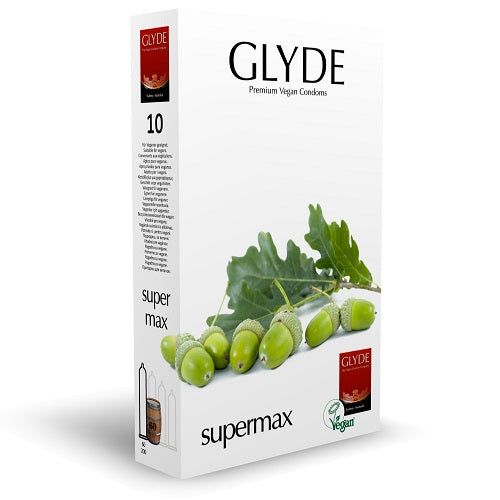 Glyde-Ultra-Super-Max-Vegan-Condoms-10-Pack|Front View|"super max vegan condoms pack - front view"